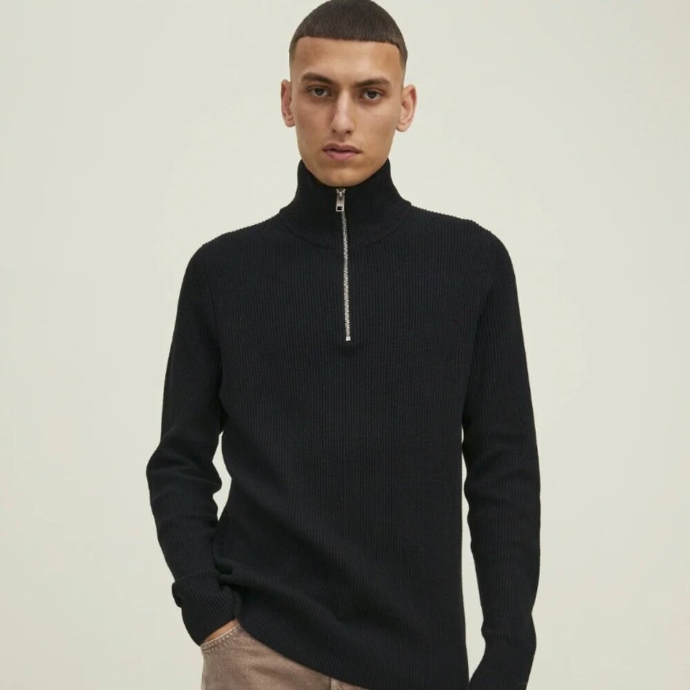 Jack & Jones Black Rib Knit Half Zip Sweater